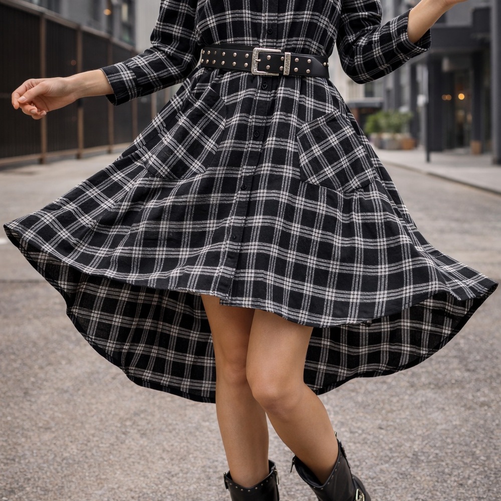 Black & White Plaid Shirt Dress XL • Hi-Low Hem • Pockets • Boho Western - Picture 4 of 4